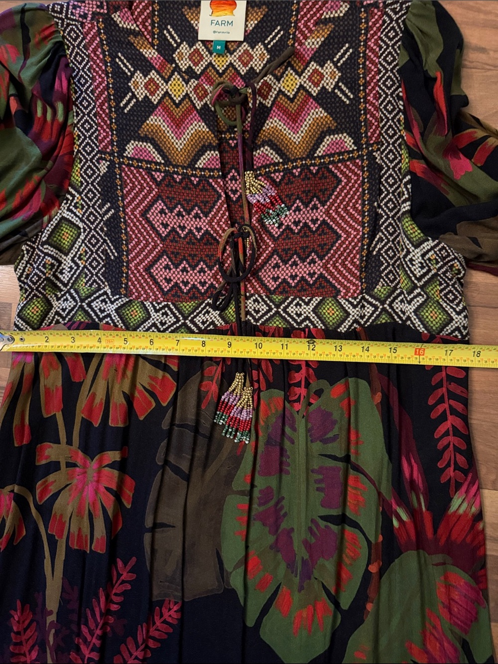 FARM Rio Black Maxi Dress with Pink & Green Tropical Print boho Vibes - Picture 9 of 11